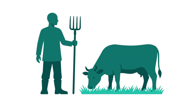 Illustrasjon av bonde med ku