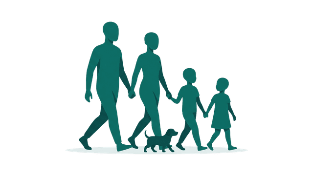 Illustrasjon av familie med hund