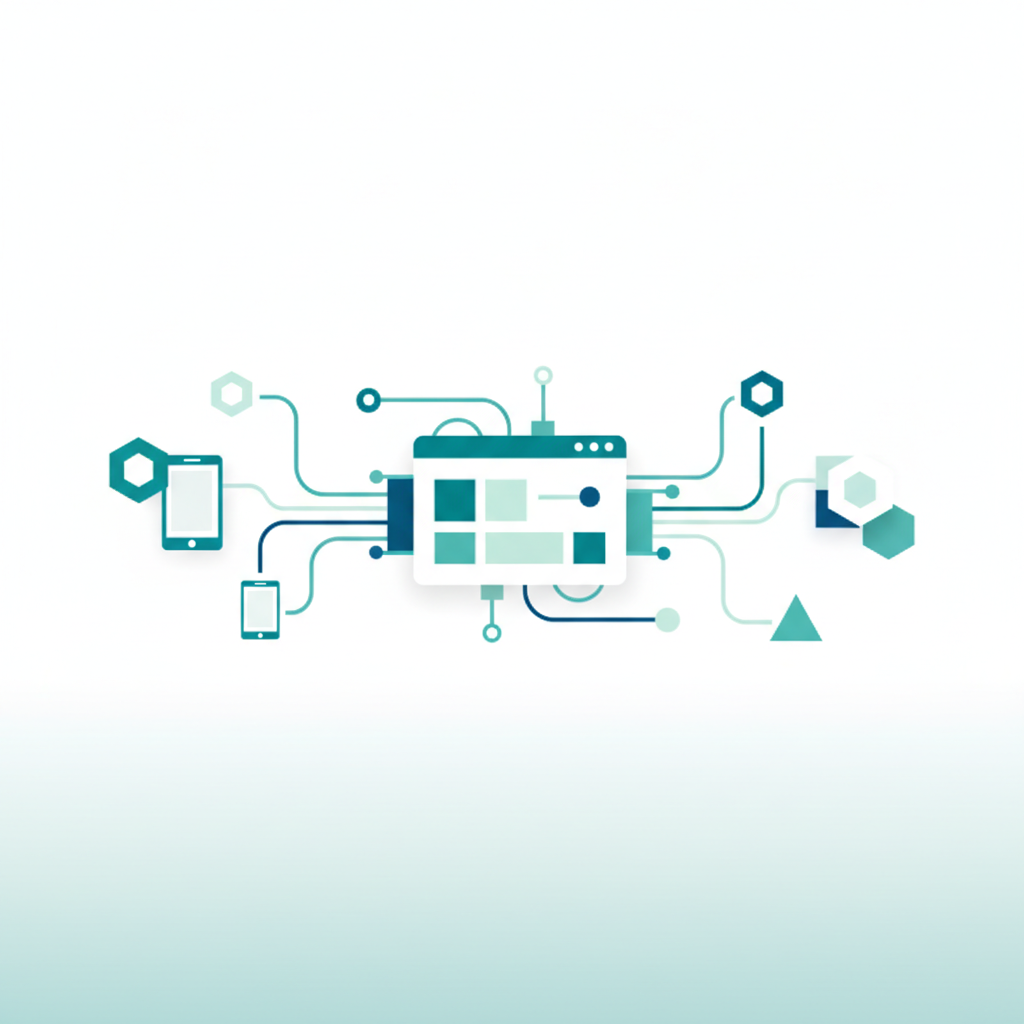 Grafisk fremstilling av ulike CMS løsninger på dataskjerm med webdesign-elementer